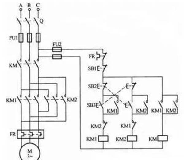 三個接觸器組成電機正反轉(zhuǎn)控制電路接線圖